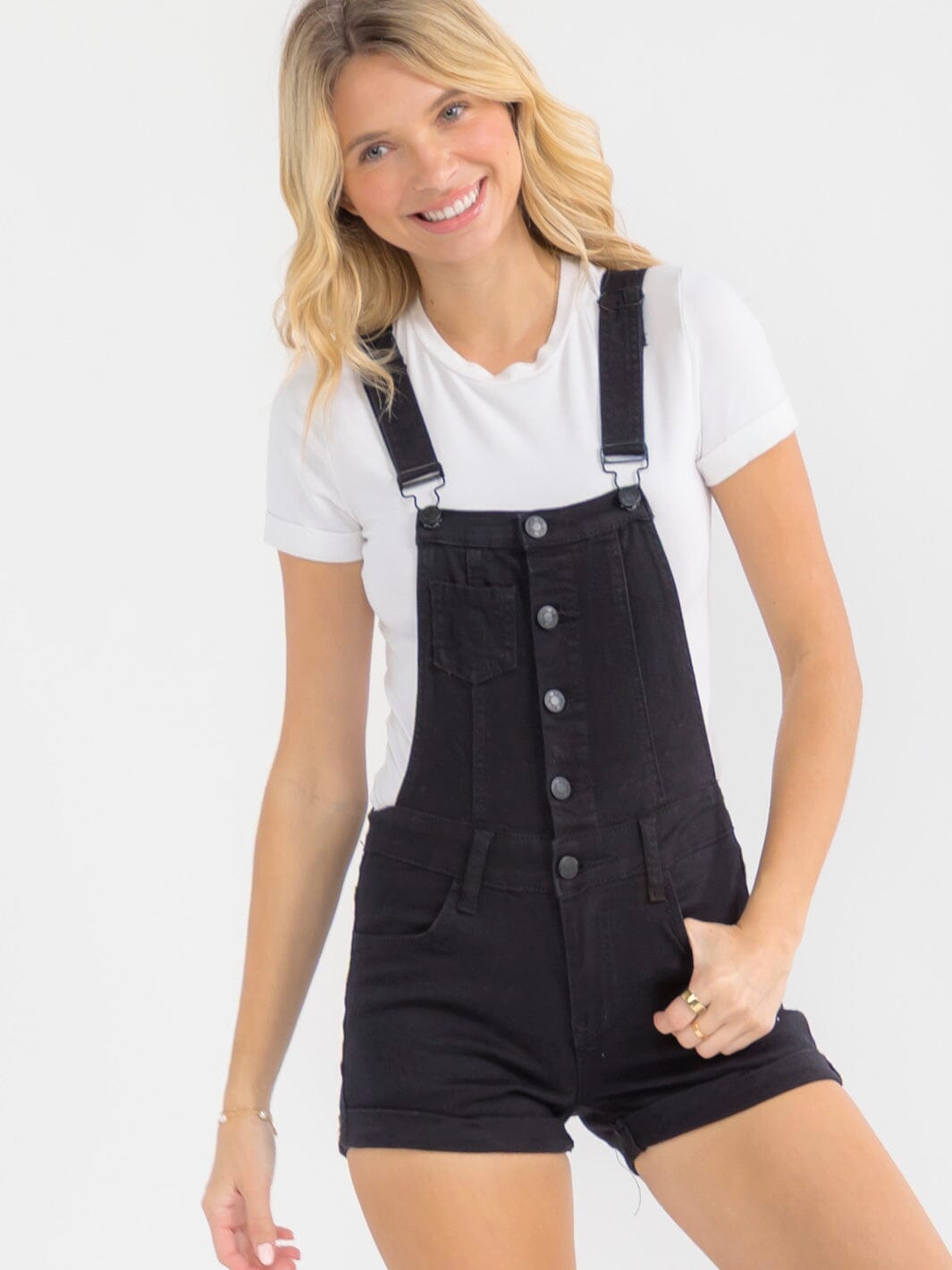 WOMEN'S SLEEVELESS BUTTON UP POCKETS STRETCH DENIM SHORTS OVERALL