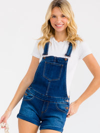 WOMEN'S SLEEVELESS BUTTON UP POCKETS WASHED STRETCH DENIM SHORTS OVERALL