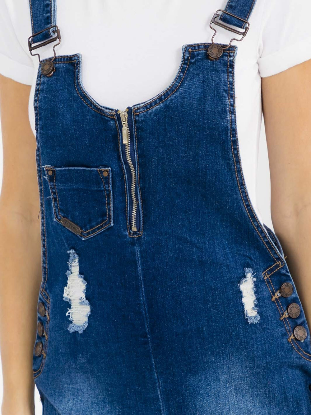 WOMEN'S SLEEVELESS ZIP UP POCKETS WASHED STRETCH DENIM SHORTS OVERALL