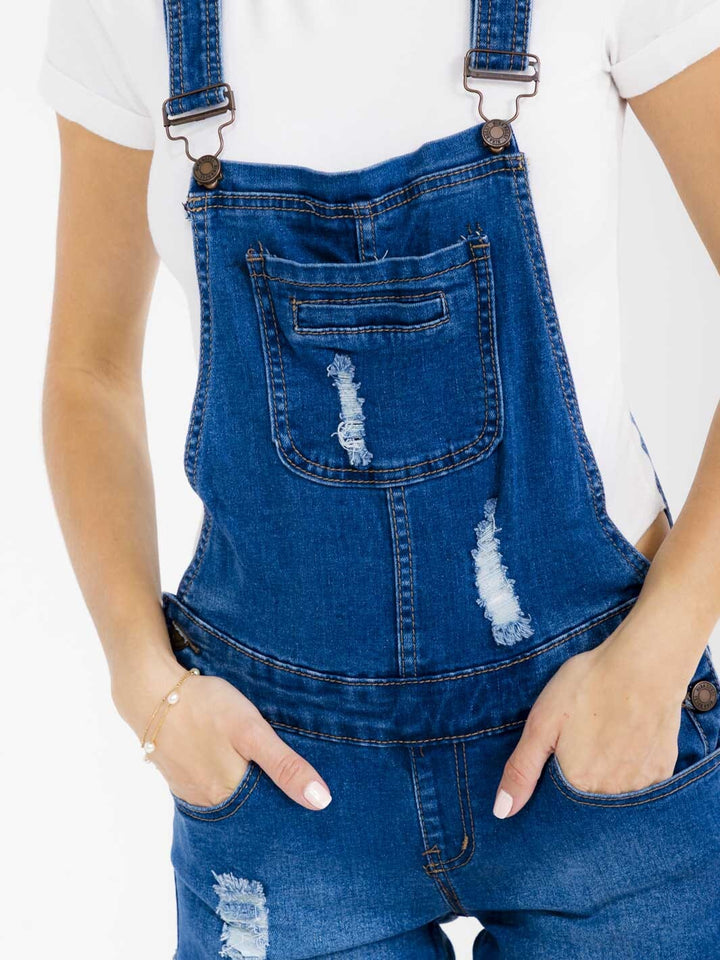WOMEN'S SLEEVELESS WASHED DISTRESS STRETCH DENIM SHORTS OVERALL