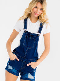 WOMEN'S SLEEVELESS POCKETS DISTRESS STRETCH DENIM SHORTS OVERALL