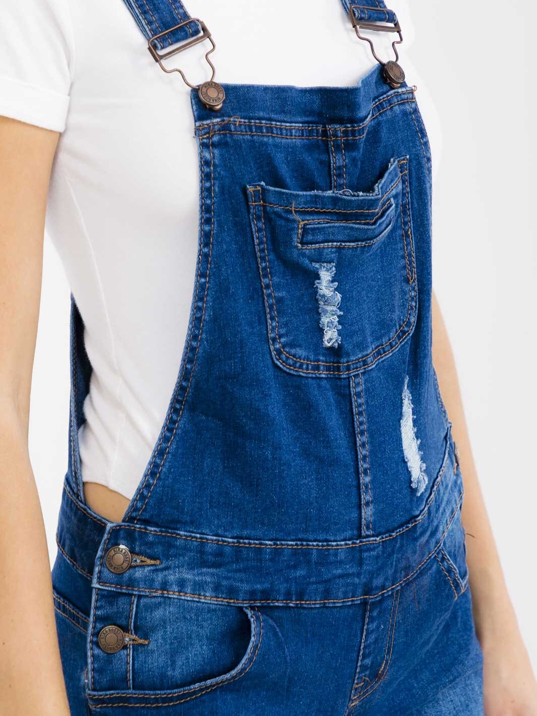 WOMEN'S SLEEVELESS POCKETS DISTRESS STRETCH DENIM SHORTS OVERALL