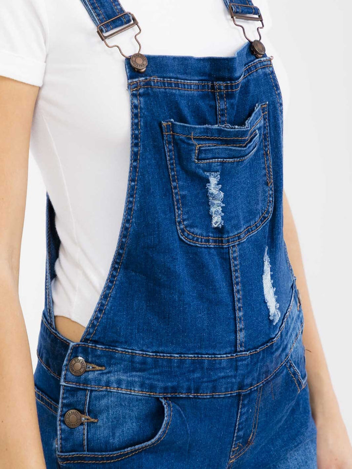 WOMEN'S SLEEVELESS POCKETS DISTRESS STRETCH DENIM SHORTS OVERALL