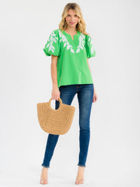 WOMEN'S SHORT PUFF SLEEVE V-NECK EMBROIDERY LEAF BLOUSE