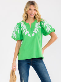 WOMEN'S SHORT PUFF SLEEVE V-NECK EMBROIDERY LEAF BLOUSE
