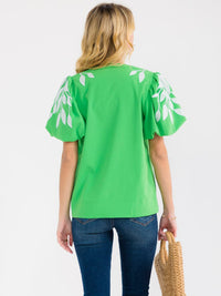 WOMEN'S SHORT PUFF SLEEVE V-NECK EMBROIDERY LEAF BLOUSE