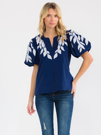 WOMEN'S SHORT PUFF SLEEVE V-NECK EMBROIDERY LEAF BLOUSE