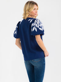WOMEN'S SHORT PUFF SLEEVE V-NECK EMBROIDERY LEAF BLOUSE