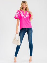 WOMEN'S SHORT PUFF SLEEVE V-NECK EMBROIDERY LEAF BLOUSE