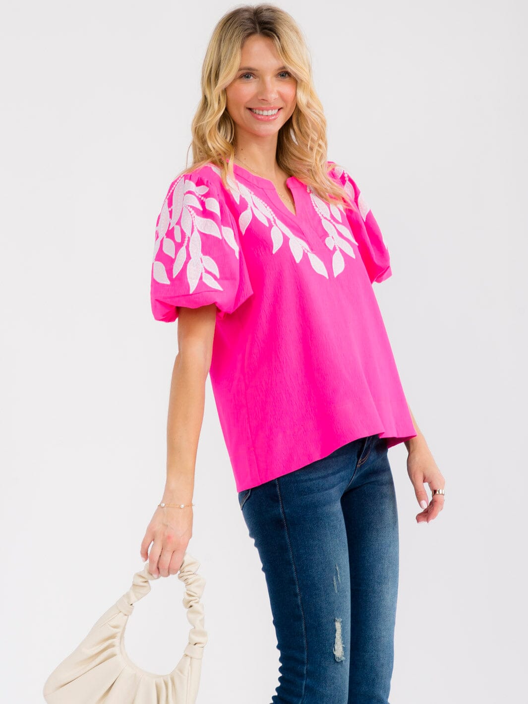 WOMEN'S SHORT PUFF SLEEVE V-NECK EMBROIDERY LEAF BLOUSE