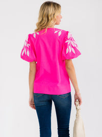 WOMEN'S SHORT PUFF SLEEVE V-NECK EMBROIDERY LEAF BLOUSE