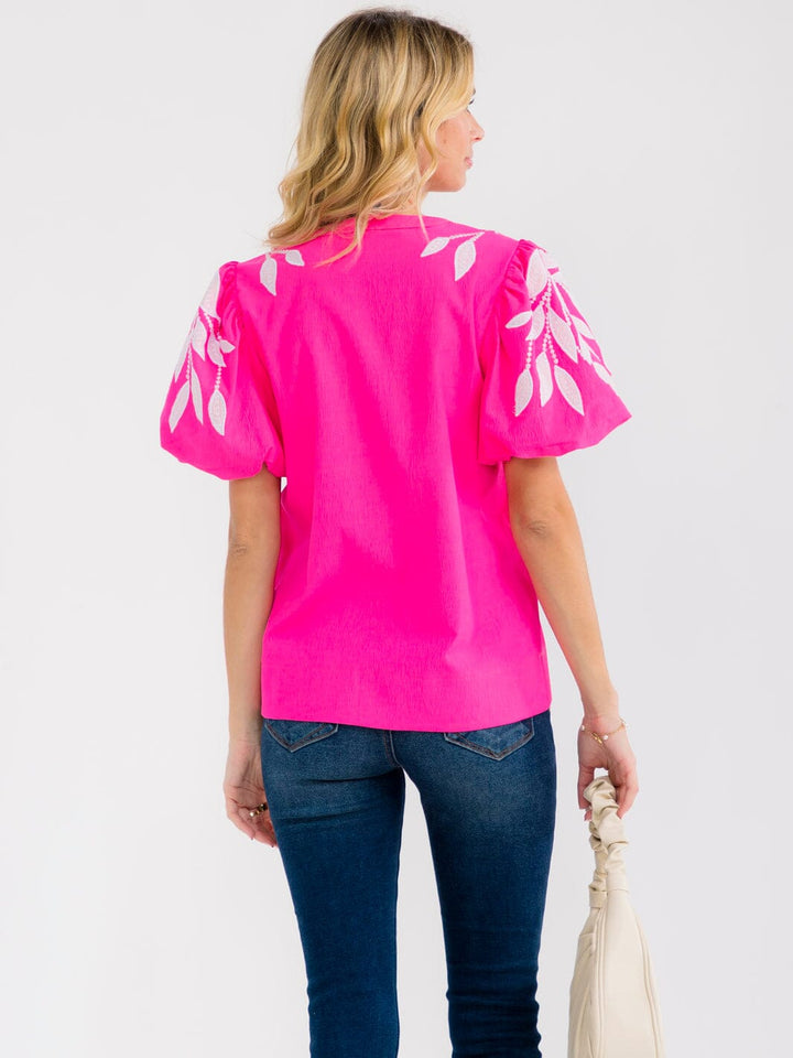 WOMEN'S SHORT PUFF SLEEVE V-NECK EMBROIDERY LEAF BLOUSE