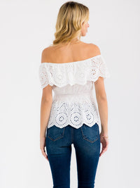 WOMEN'S OFF SHOULDER SMOCK WAIST RUFFLE TIERED EYELET TOP