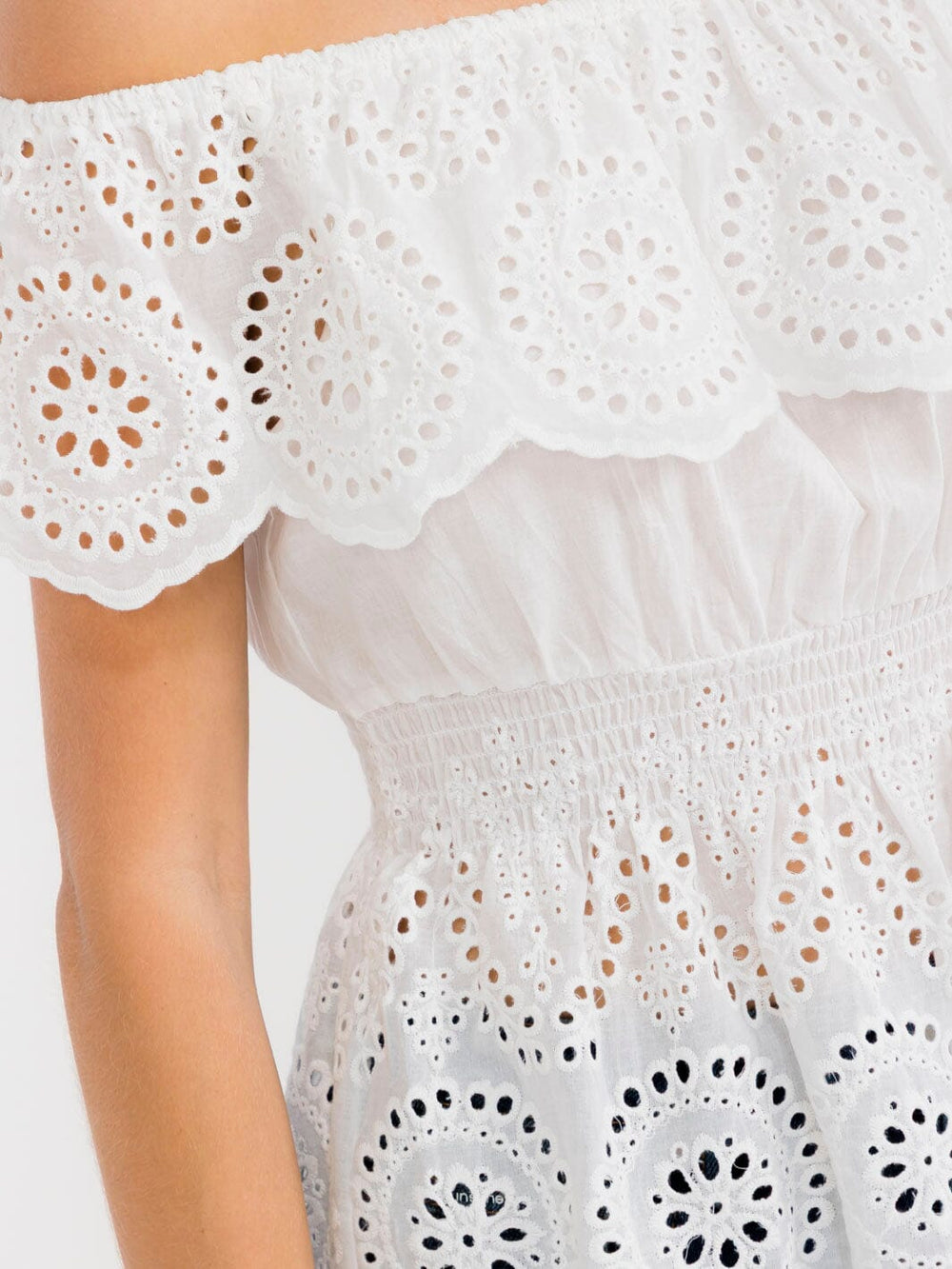 WOMEN'S OFF SHOULDER SMOCK WAIST RUFFLE TIERED EYELET TOP