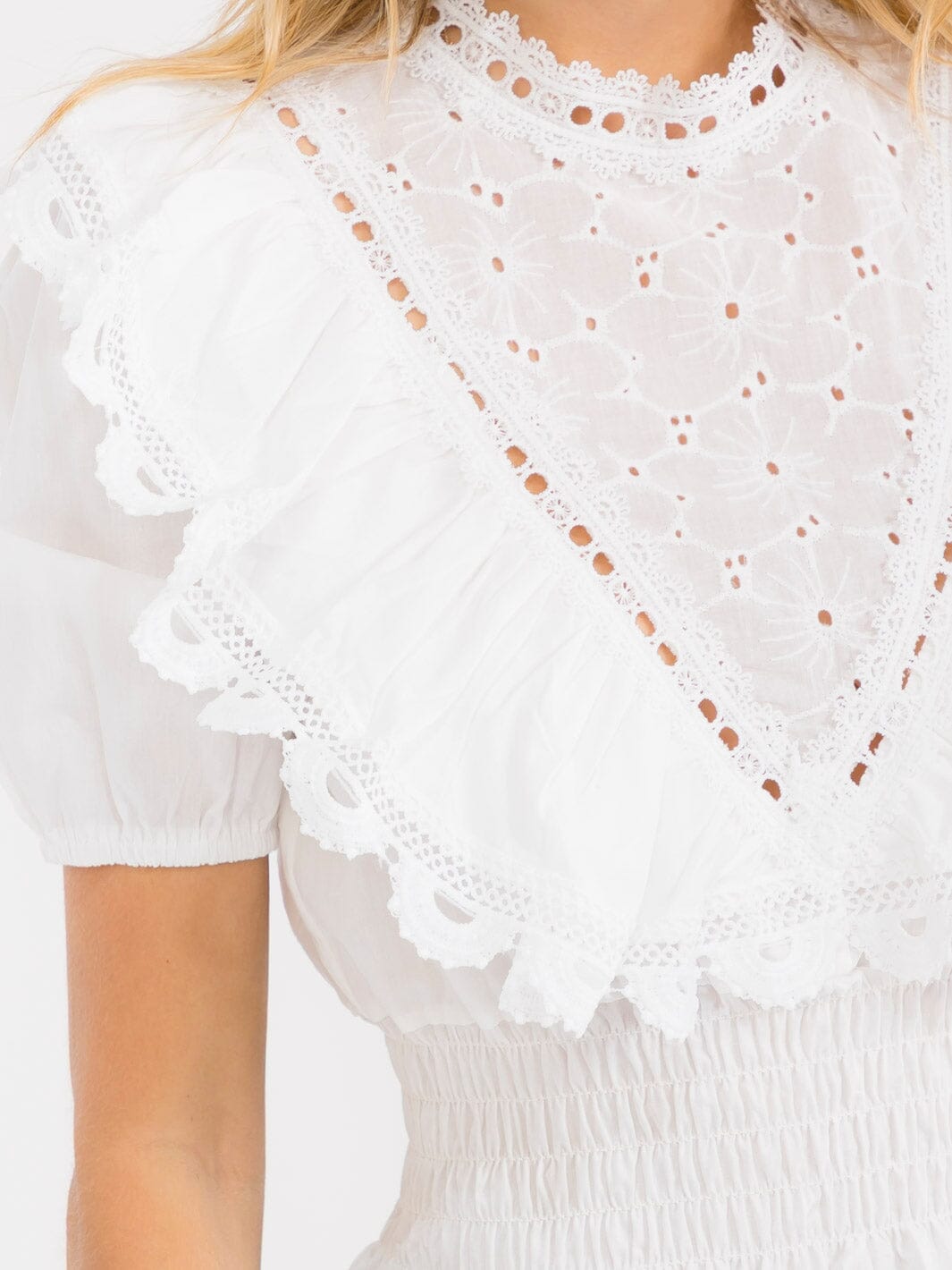 WOMEN'S SHORT SLEEVE SMOCK WAIST RUFFLE TIERED EYELET TOP