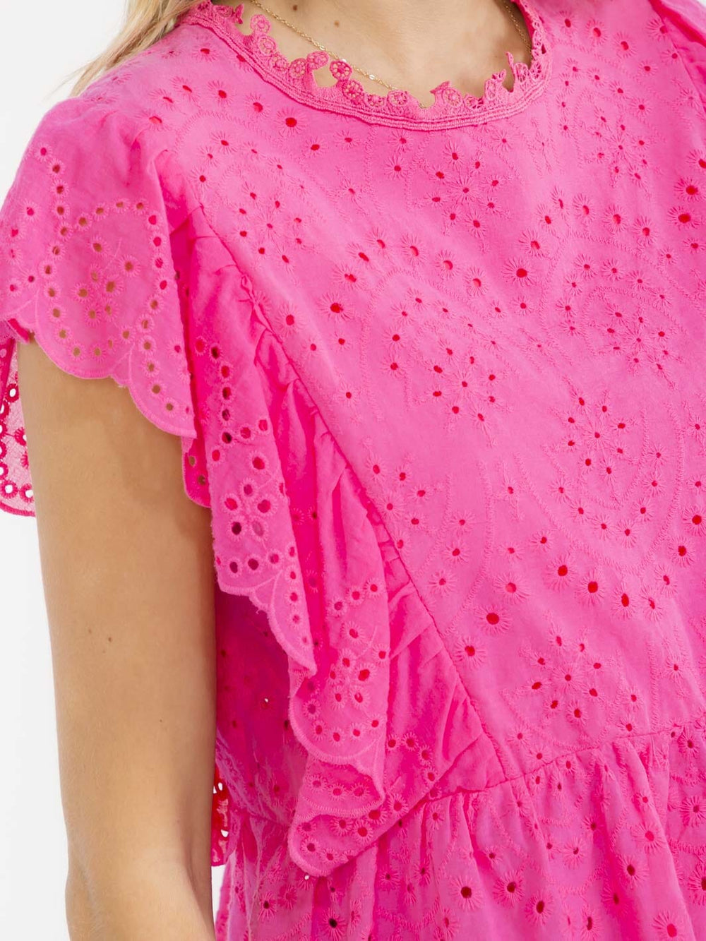 WOMEN'S RUFFLE SLEEVE TIERED EYELET TOP