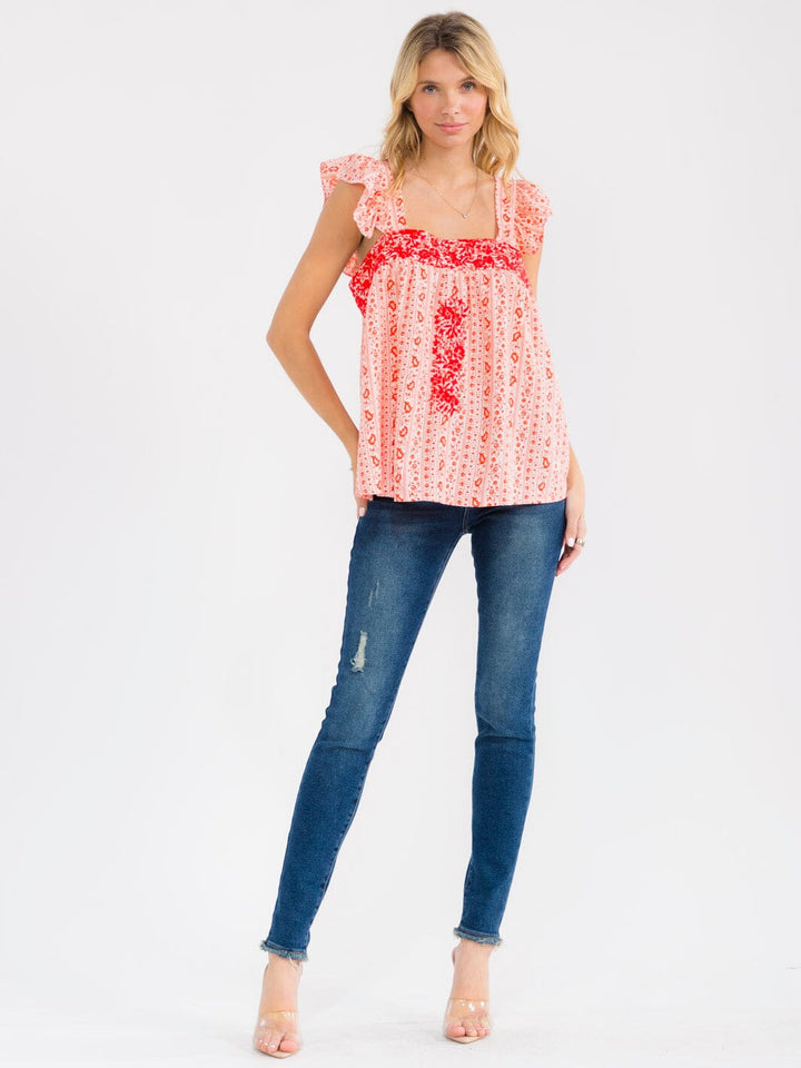 WOMEN'S SLEEVELESS SQUARE NECK MULTI PRINT EMBROIDERY TANK TOP