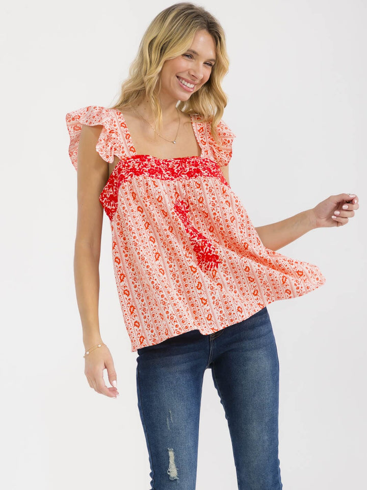 WOMEN'S SLEEVELESS SQUARE NECK MULTI PRINT EMBROIDERY TANK TOP