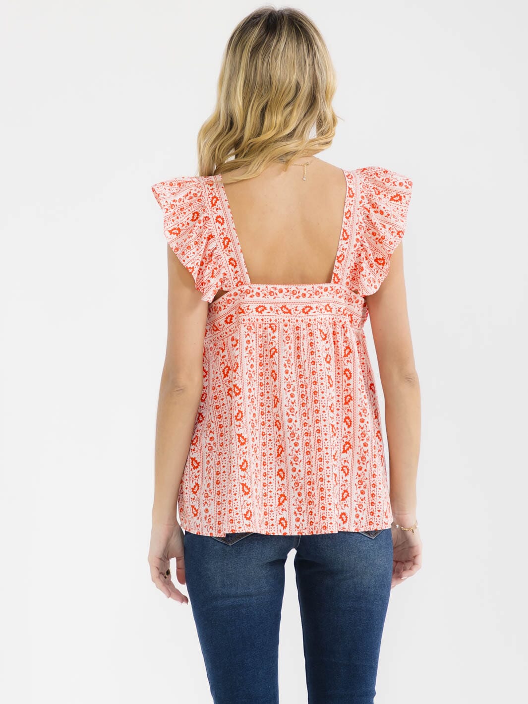 WOMEN'S SLEEVELESS SQUARE NECK MULTI PRINT EMBROIDERY TANK TOP