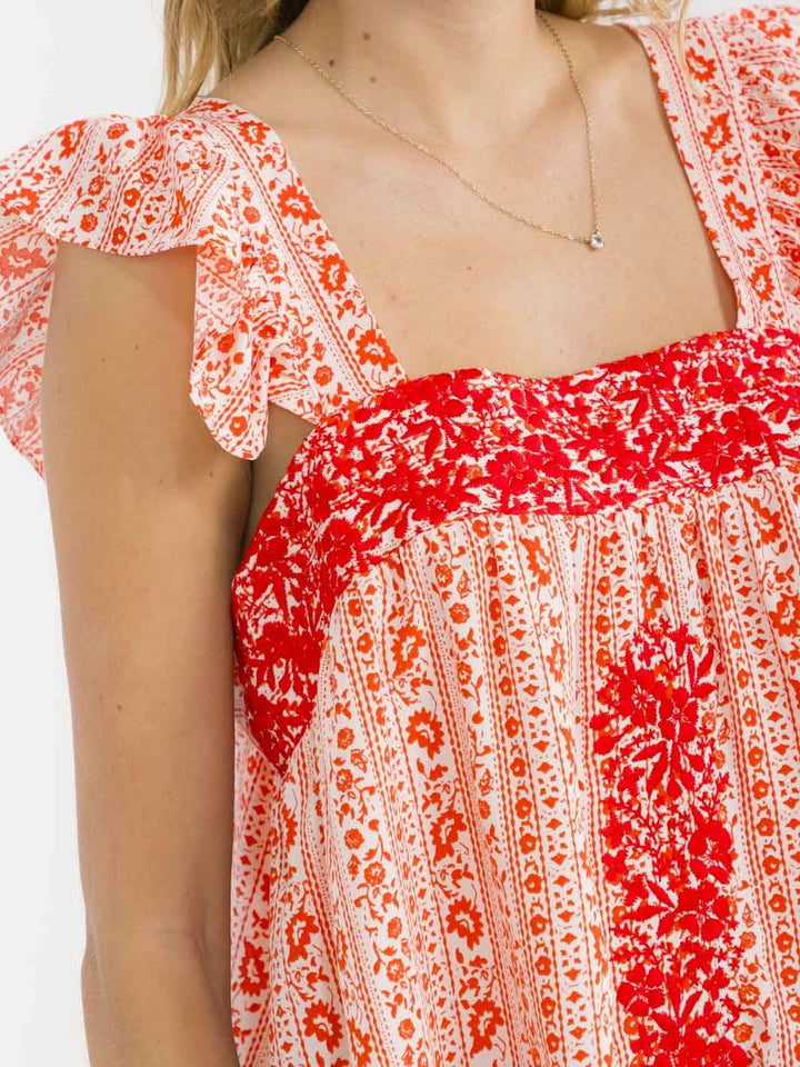WOMEN'S SLEEVELESS SQUARE NECK MULTI PRINT EMBROIDERY TANK TOP