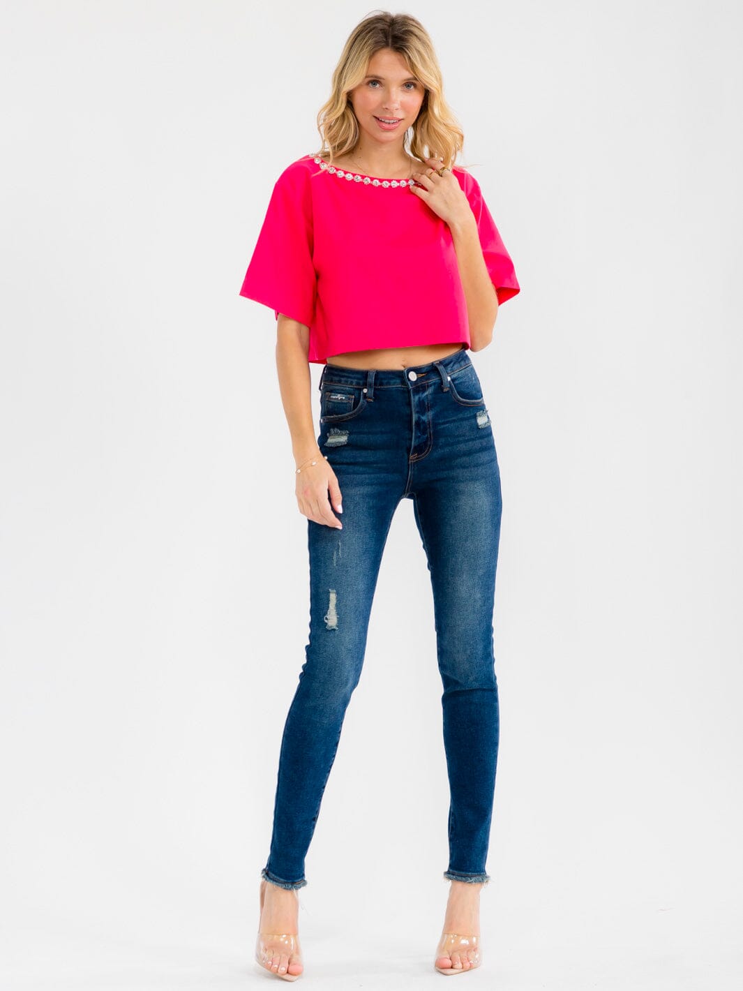 WOMEN'S SHORT SLEEVE STUDS NECK TRIM BACK BUTTON UP LINEN BLOUSE