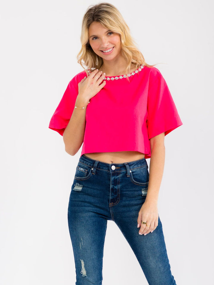 WOMEN'S SHORT SLEEVE STUDS NECK TRIM BACK BUTTON UP LINEN BLOUSE