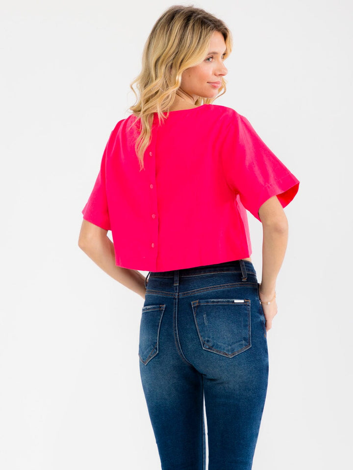 WOMEN'S SHORT SLEEVE STUDS NECK TRIM BACK BUTTON UP LINEN BLOUSE