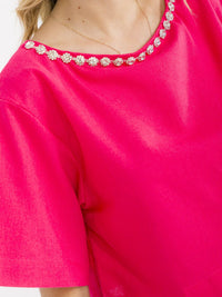 WOMEN'S SHORT SLEEVE STUDS NECK TRIM BACK BUTTON UP LINEN BLOUSE