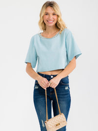 WOMEN'S SHORT SLEEVE STUDS NECK TRIM BACK BUTTON UP LINEN BLOUSE
