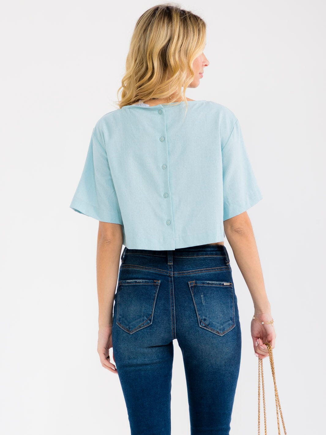 WOMEN'S SHORT SLEEVE STUDS NECK TRIM BACK BUTTON UP LINEN BLOUSE