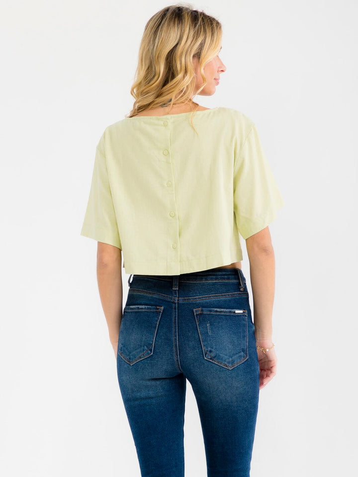 WOMEN'S SHORT SLEEVE STUDS NECK TRIM BACK BUTTON UP LINEN BLOUSE