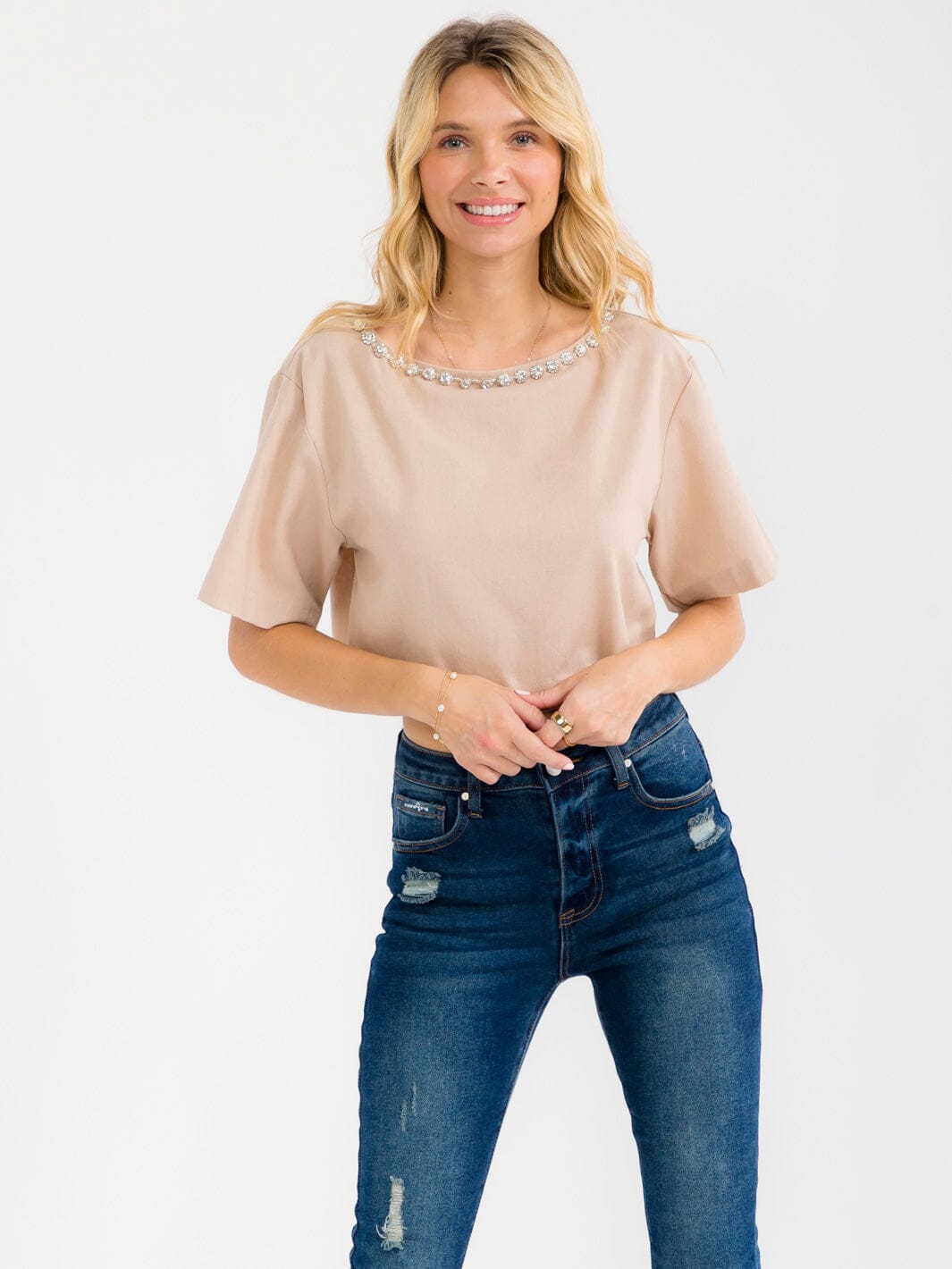 WOMEN'S SHORT SLEEVE STUDS NECK TRIM BACK BUTTON UP LINEN BLOUSE