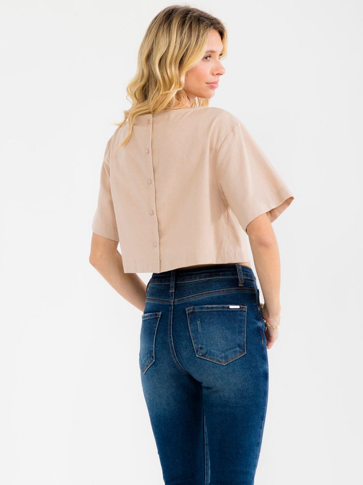 WOMEN'S SHORT SLEEVE STUDS NECK TRIM BACK BUTTON UP LINEN BLOUSE