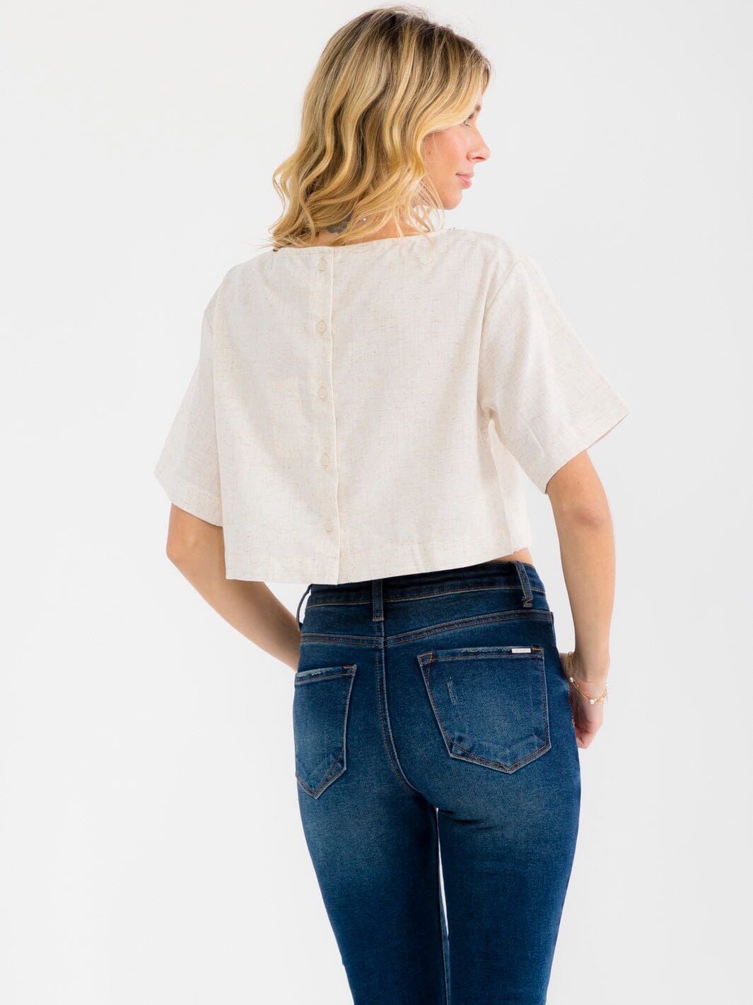 WOMEN'S SHORT SLEEVE STUDS NECK TRIM BACK BUTTON UP LINEN BLOUSE