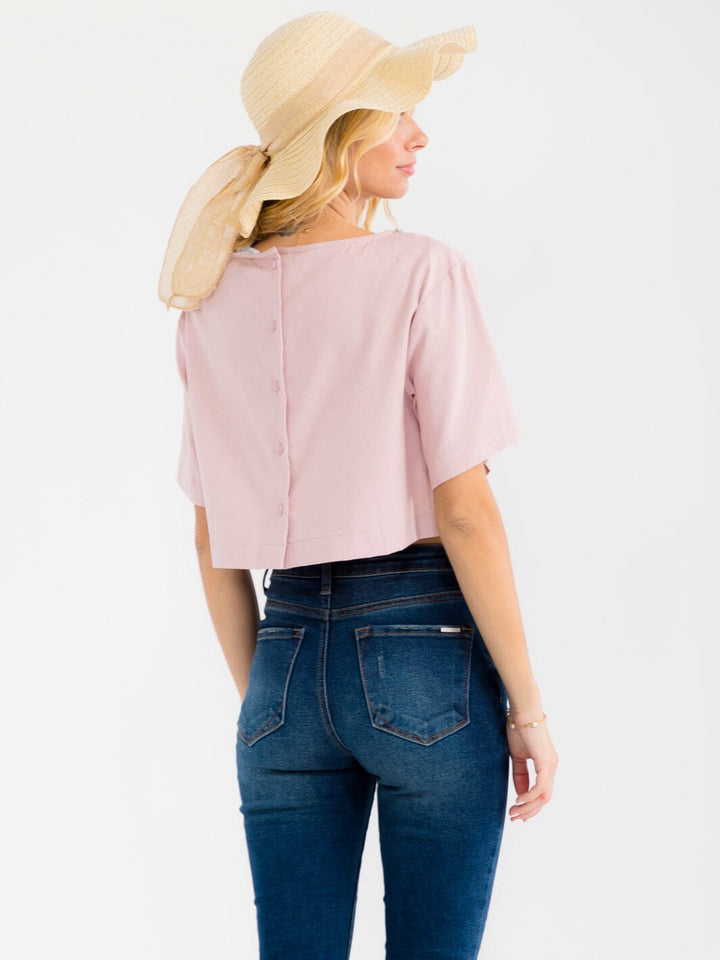 WOMEN'S SHORT SLEEVE STUDS NECK TRIM BACK BUTTON UP LINEN BLOUSE