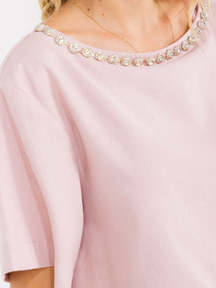 WOMEN'S SHORT SLEEVE STUDS NECK TRIM BACK BUTTON UP LINEN BLOUSE