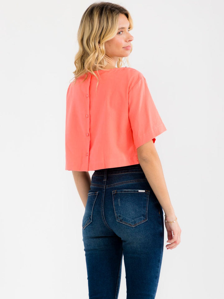 WOMEN'S SHORT SLEEVE STUDS NECK TRIM BACK BUTTON UP LINEN BLOUSE