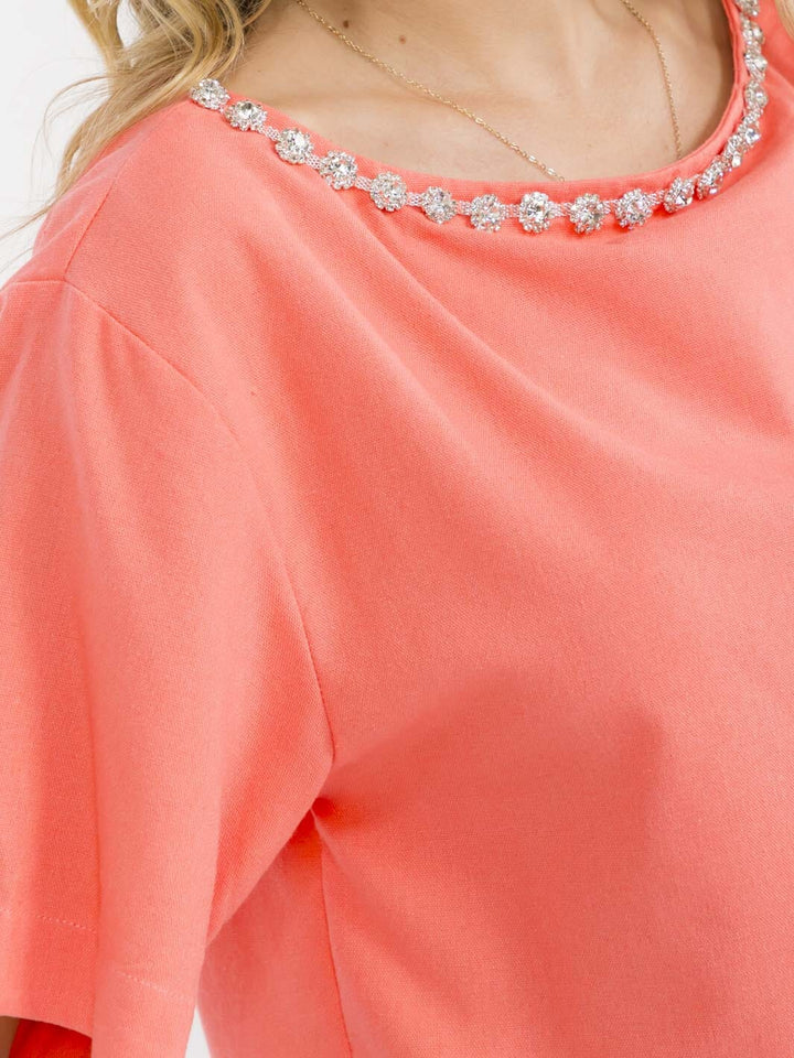 WOMEN'S SHORT SLEEVE STUDS NECK TRIM BACK BUTTON UP LINEN BLOUSE