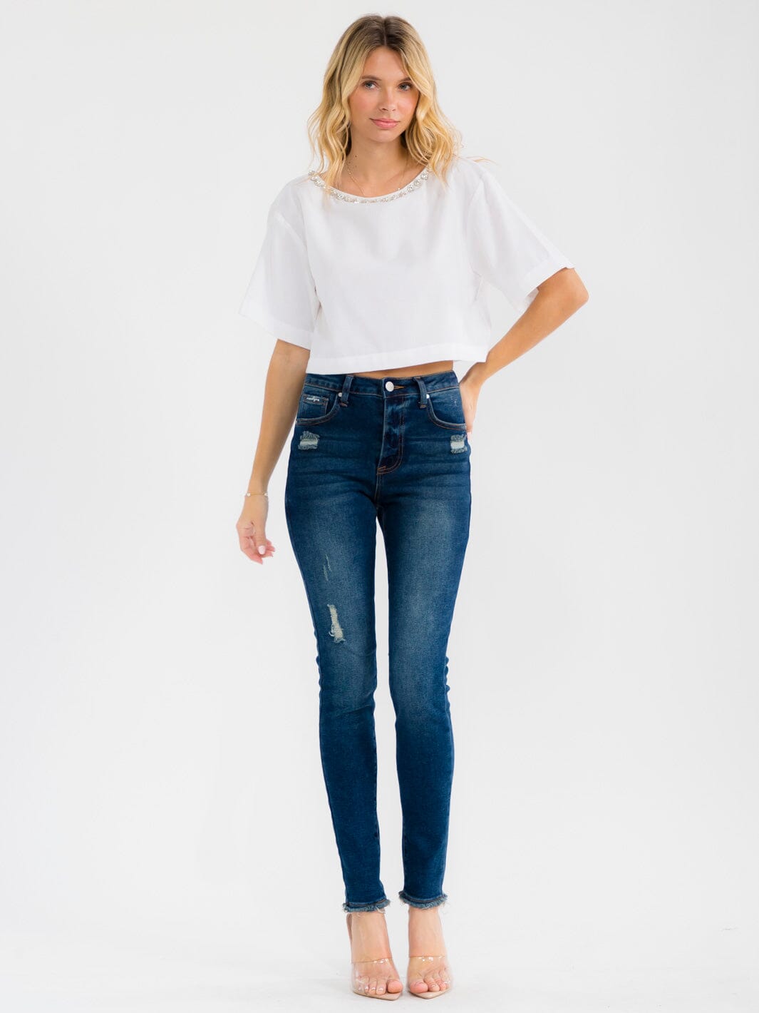 WOMEN'S SHORT SLEEVE STUDS NECK TRIM BACK BUTTON UP LINEN BLOUSE