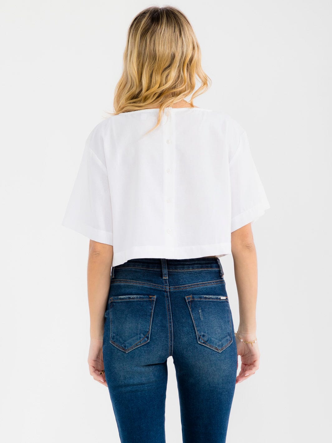 WOMEN'S SHORT SLEEVE STUDS NECK TRIM BACK BUTTON UP LINEN BLOUSE