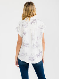 WOMEN'S SHORT SLEEVE BUTTON UP MULTI PRINT LINEN BLOUSE