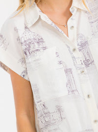 WOMEN'S SHORT SLEEVE BUTTON UP MULTI PRINT LINEN BLOUSE