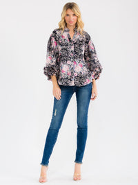 WOMEN'S LONG SLEEVE BUTTON UP FLORAL EYELET BLOUSE