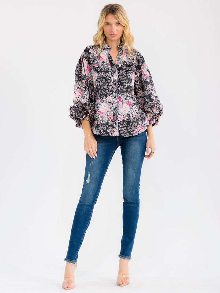 WOMEN'S LONG SLEEVE BUTTON UP FLORAL EYELET BLOUSE