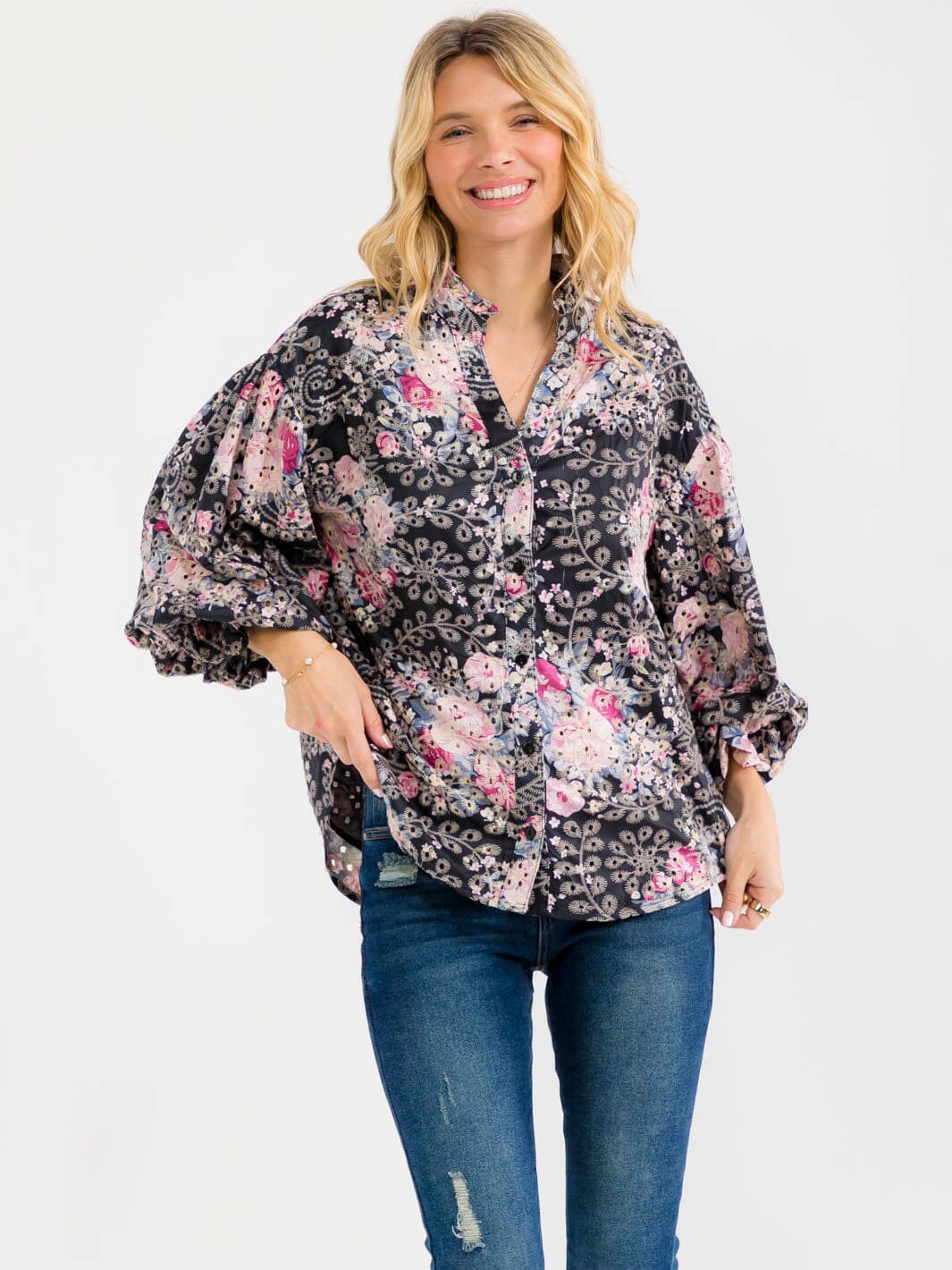 WOMEN'S LONG SLEEVE BUTTON UP FLORAL EYELET BLOUSE