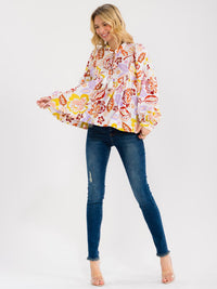 WOMEN'S LONG SLEEVE BUTTON UP FLORAL PRINT TUNIC BLOUSE