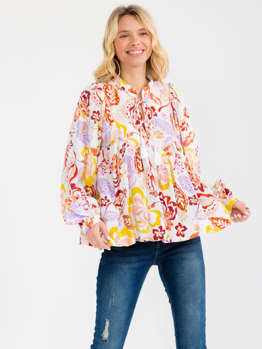 WOMEN'S LONG SLEEVE BUTTON UP FLORAL PRINT TUNIC BLOUSE