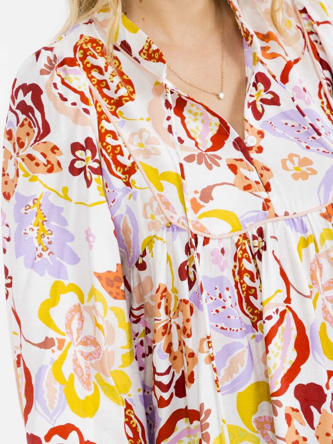 WOMEN'S LONG SLEEVE BUTTON UP FLORAL PRINT TUNIC BLOUSE