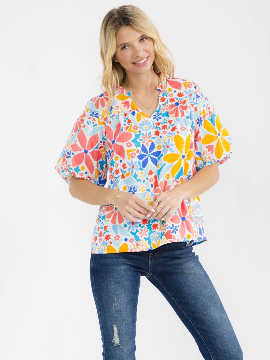 WOMEN'S SHORT PUFF SLEEVE V-NECK FLORAL PRINT BLOUSE