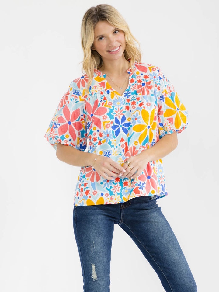 WOMEN'S SHORT PUFF SLEEVE V-NECK FLORAL PRINT BLOUSE